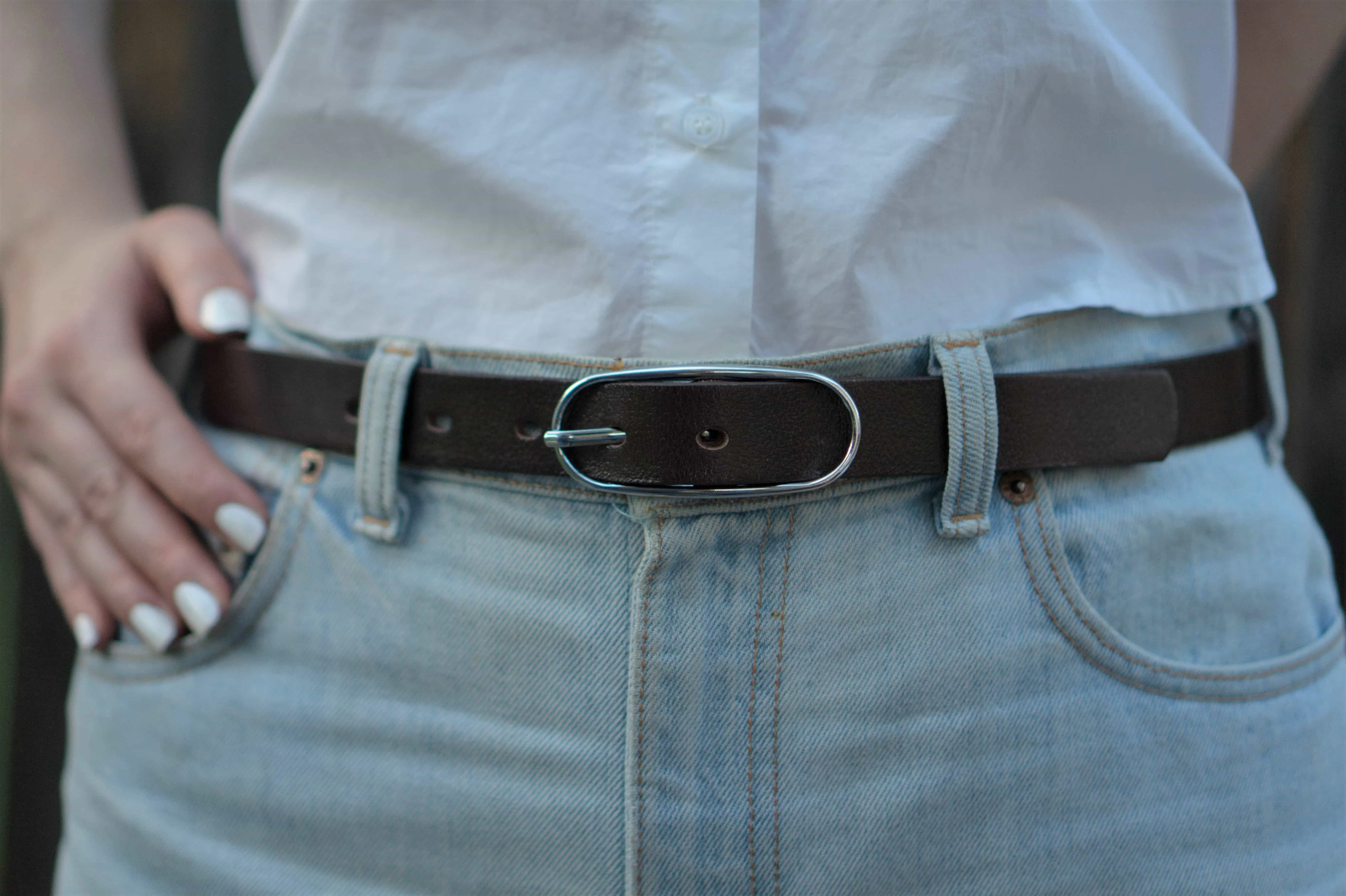 Aika - Black Leather Waist Belt with Oval Buckle - Made in Canada