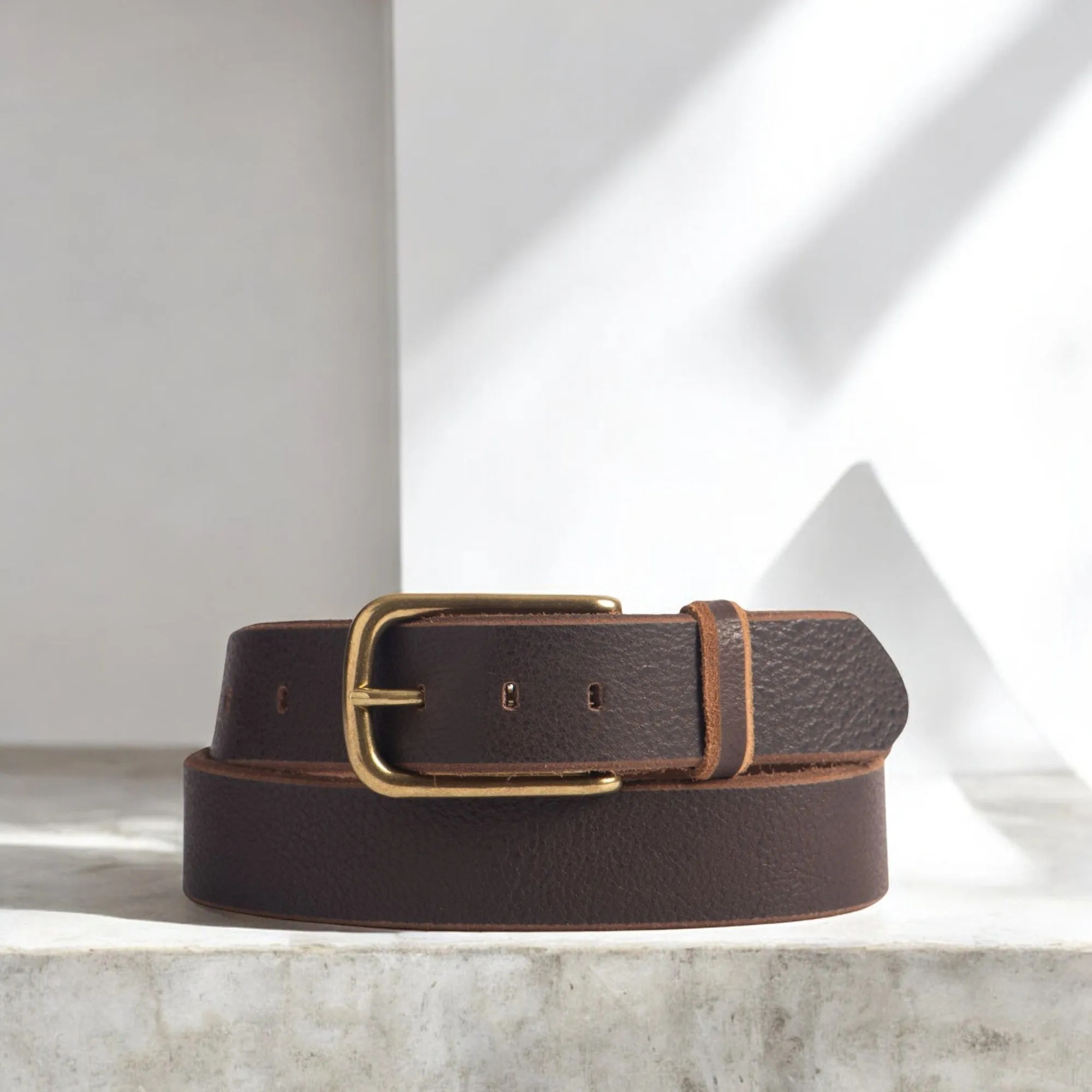 Aria - Brown Leather Dress Belt with Elongated Gold Buckle - Made in Canada
