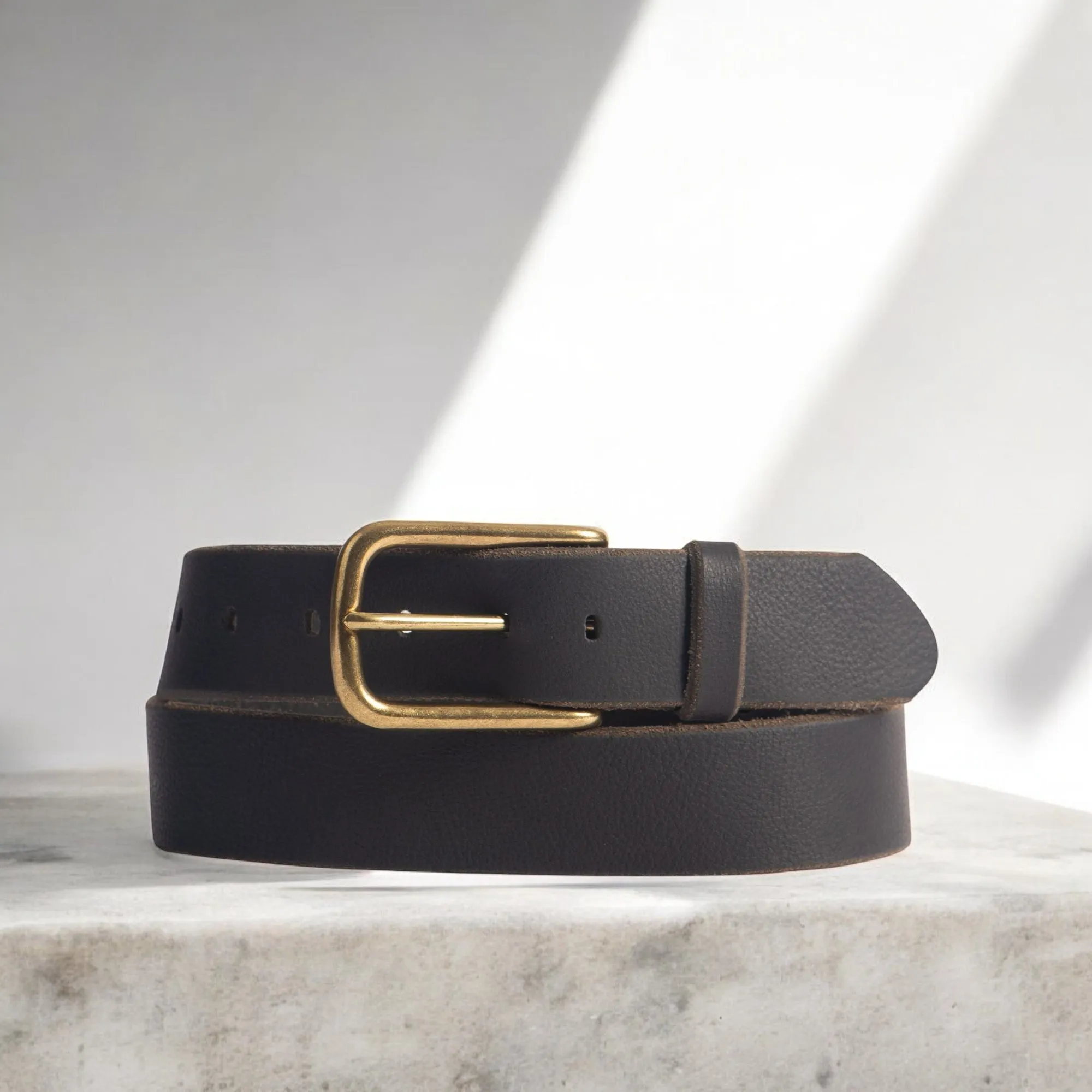 Aria - Brown Leather Dress Belt with Elongated Gold Buckle - Made in Canada