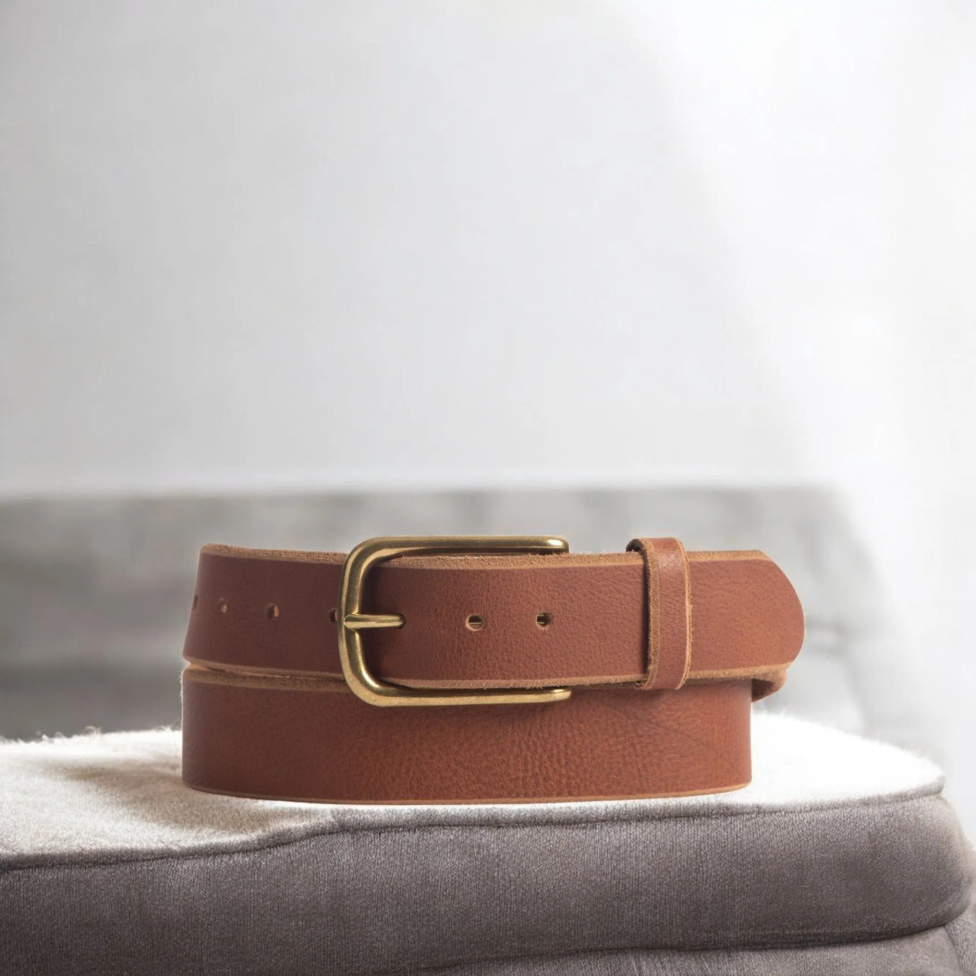 Aria - Brown Leather Dress Belt with Elongated Gold Buckle - Made in Canada