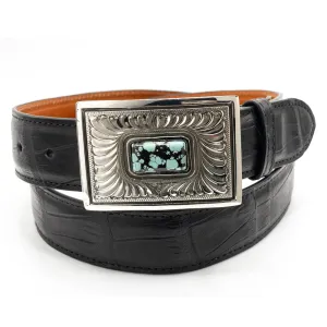 Chacon Montezuma Feather Engraved w/ Turquoise One Piece Buckle 1.5