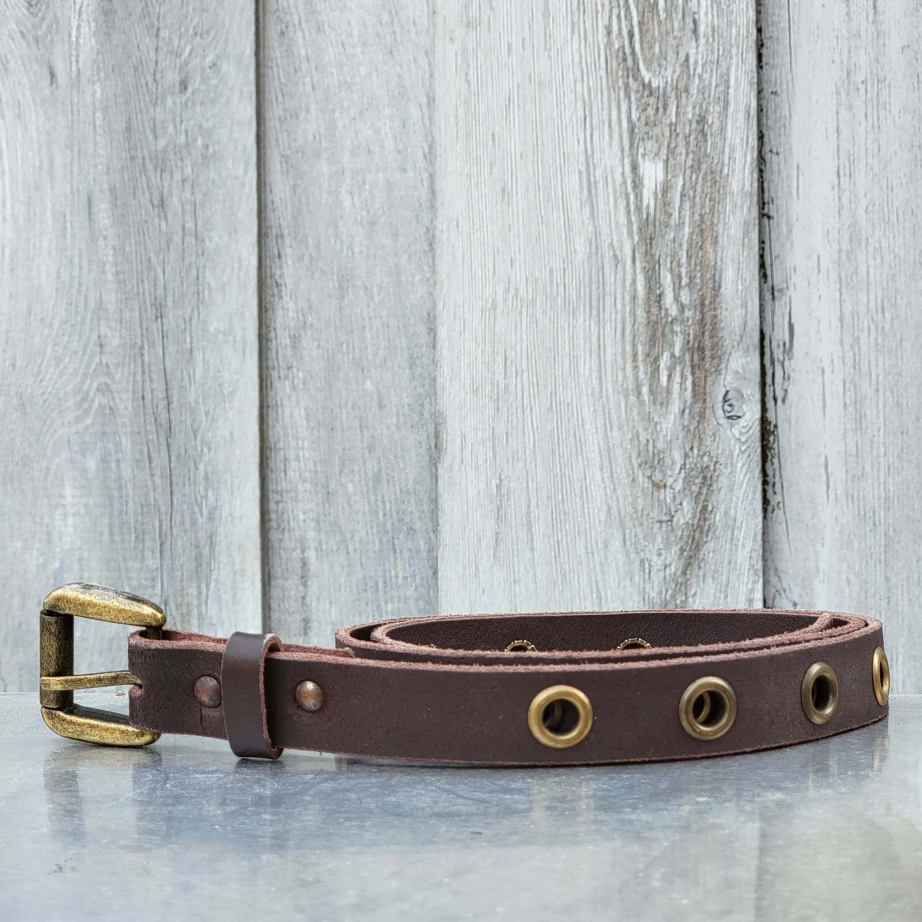 Exene - Slim Brown Leather Belt with Single Grommets - Made in Canada