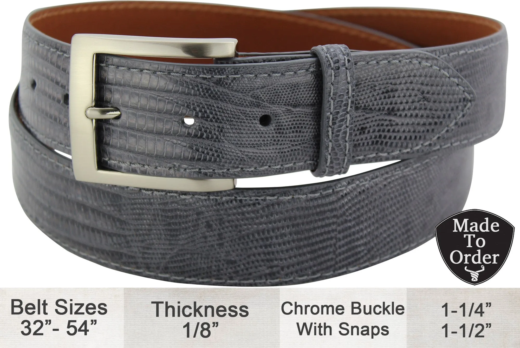 Men's Gray Lizard Skin Designer Full Grain Leather Belt **Made To Order Allow 5 To 6 Weeks To Ship