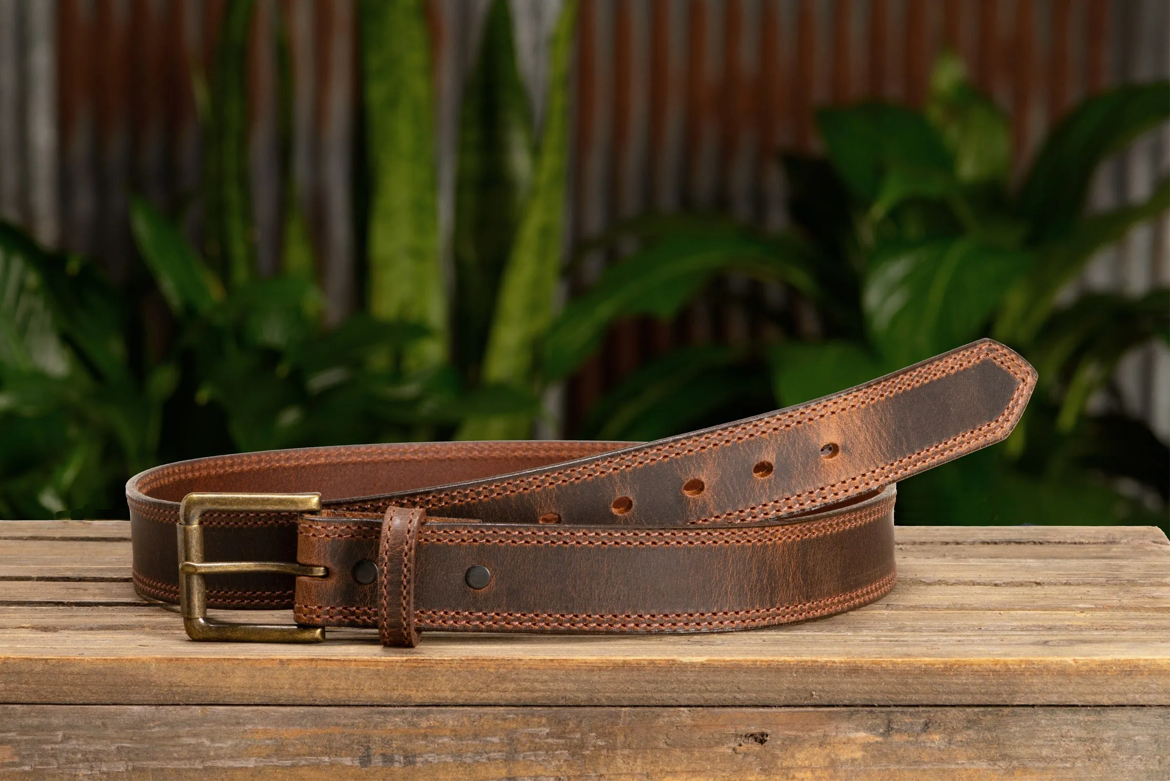 The Crazy Horse: Men's Oil Tanned Double Stitched Leather Belt 1.50" (Brown Colored Thread)