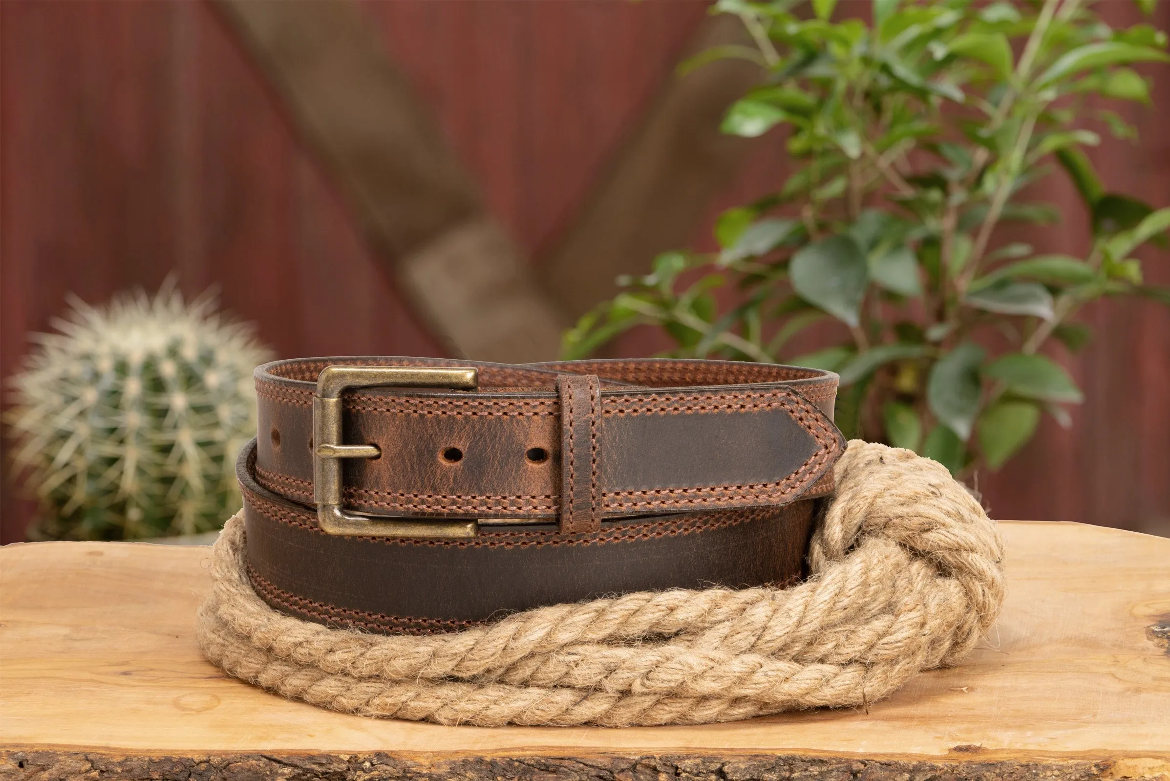 The Crazy Horse: Men's Oil Tanned Double Stitched Leather Belt 1.50" (Brown Colored Thread)