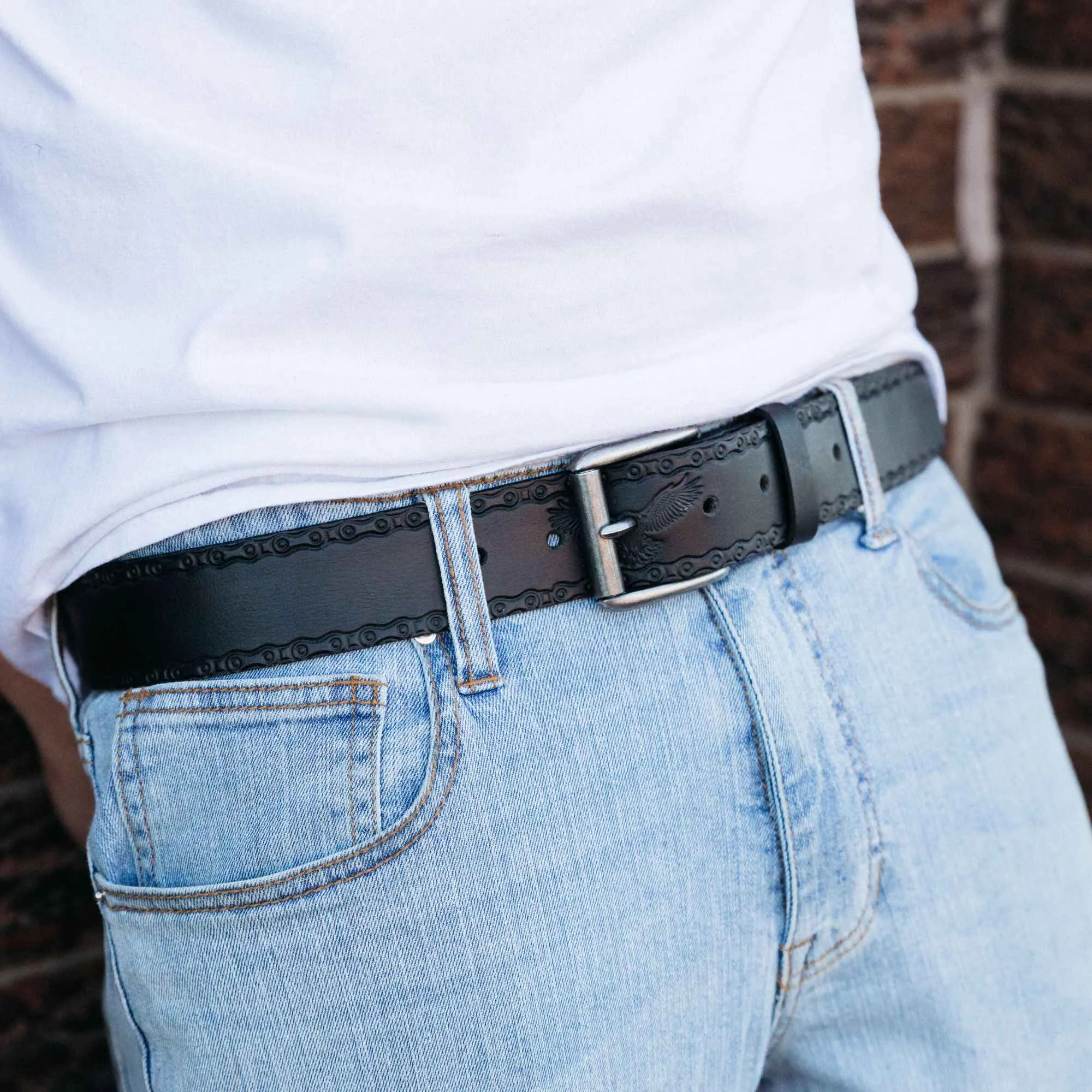 The Eagle Belt- Black Chain Link Embossed 100% Real Leather Belt