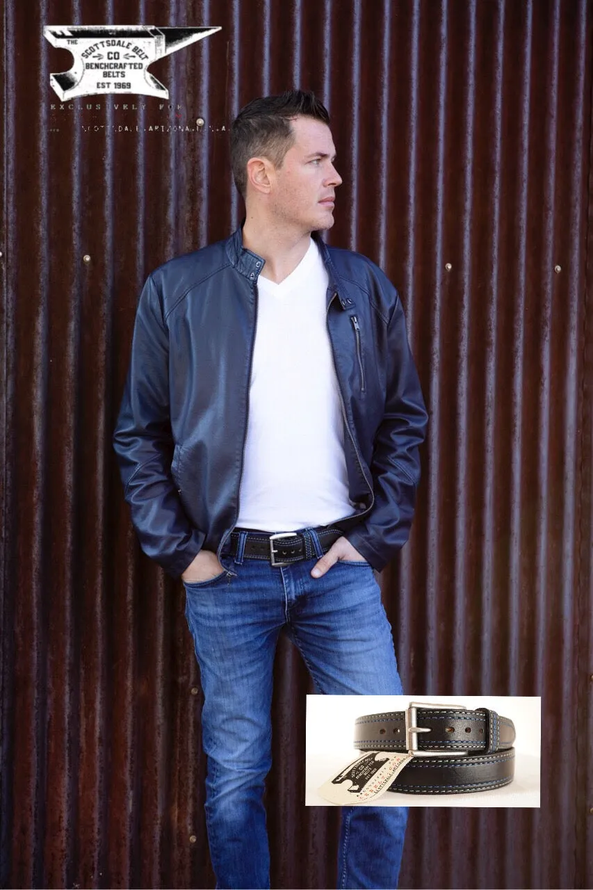 The SHELBY 1.5 Men's Black & Blue Leather Belt with Stainless Steel Buckle